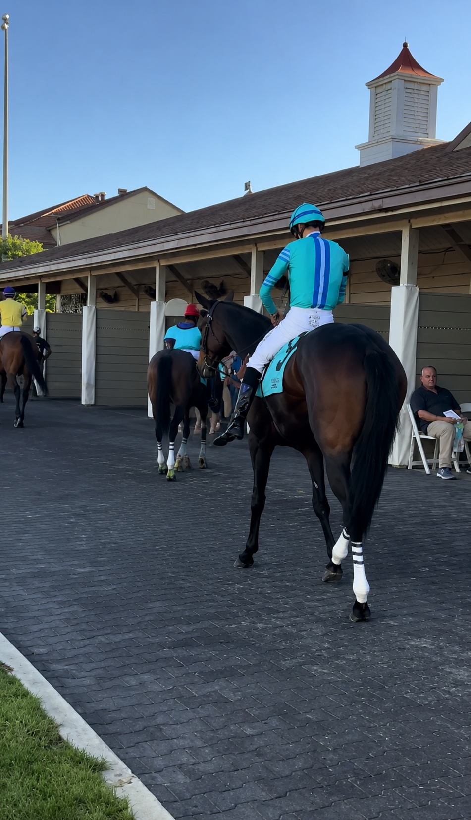 Jockey in teal silks aboard a dark bay in the post parade
